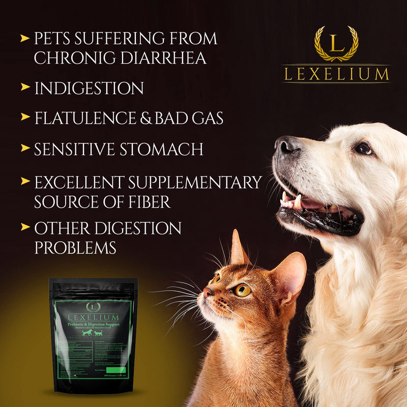 Lexelium Cat & Dog Prebiotic Digestion Supplement - Helps with Sensitive Stomach & Chronic Diarrhea – Contains Valuable Digestive Enzymes, Fiber & Prebiotics - 200g - BeesActive Australia