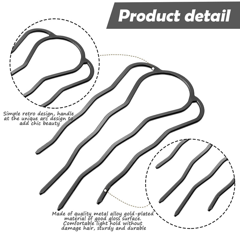 6 Pieces Hair Fork Clip Stick 87 mm Side Hair Comb 4 Prong Hair Updo Bun Hairpin Sticks Alloy Hair Clips Grips for Women Hair Styling Tool Accessories (Black) Black - BeesActive Australia