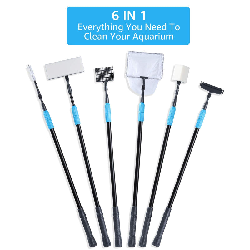 AquaMiracle 6 in 1 Aquarium Cleaning Tool Kit Fish Tank Cleaning Kit for 20-160 Gallon Tank with Telescopic Long Handle, Algae Scraper, Scrubber Pads, Tube Cleaner, Fish net, Gravel Rake - BeesActive Australia