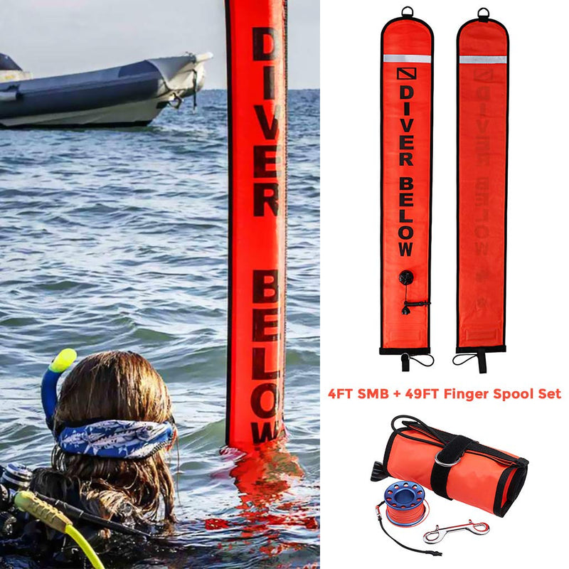 [AUSTRALIA] - Seafard 4ft/5ft Scuba Diving Open Bottom Surface Marker Buoy (SMB) with 49ft/98ft Finger Spool Alloy Dive Reel and Double Ended Bolt Clip Blue Reel+Red SMB 4ft SMB 49ft Reel 