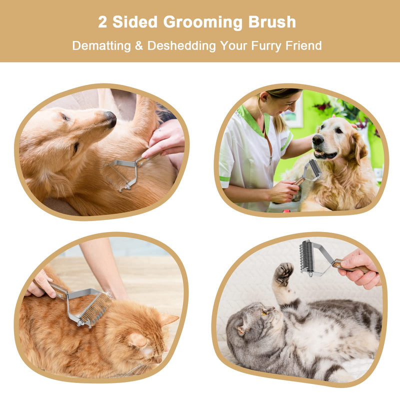 Pet Grooming Brush, 2 Sided Undercoat Rake for Dogs and Cats, Dematting Comb and Deshedding Tool for Shedding Long Hair, Pain Free Removing Tangled and Loose Fur, Stainless Steel with Wooden Handle 2 Sided Pet Grooming Rake - BeesActive Australia