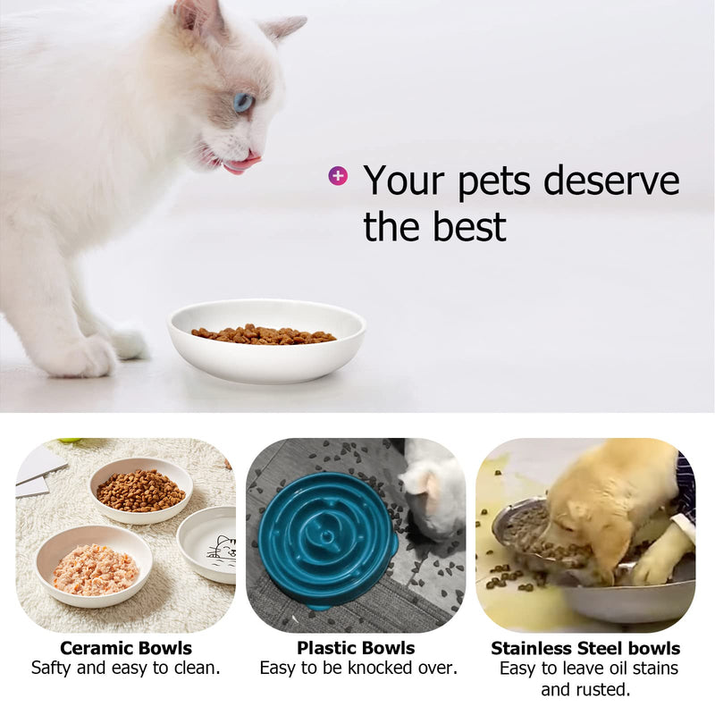 Y YHY Ceramic Cat Dishes, Cat Food Bowls Whisker-Friendly, Cat Bowls for Food and Water, Wide and Shallow Pet Dishes for Cat, Kitten, Kitty, and Rabbits, 3 Pack, 5 OZ, White - BeesActive Australia