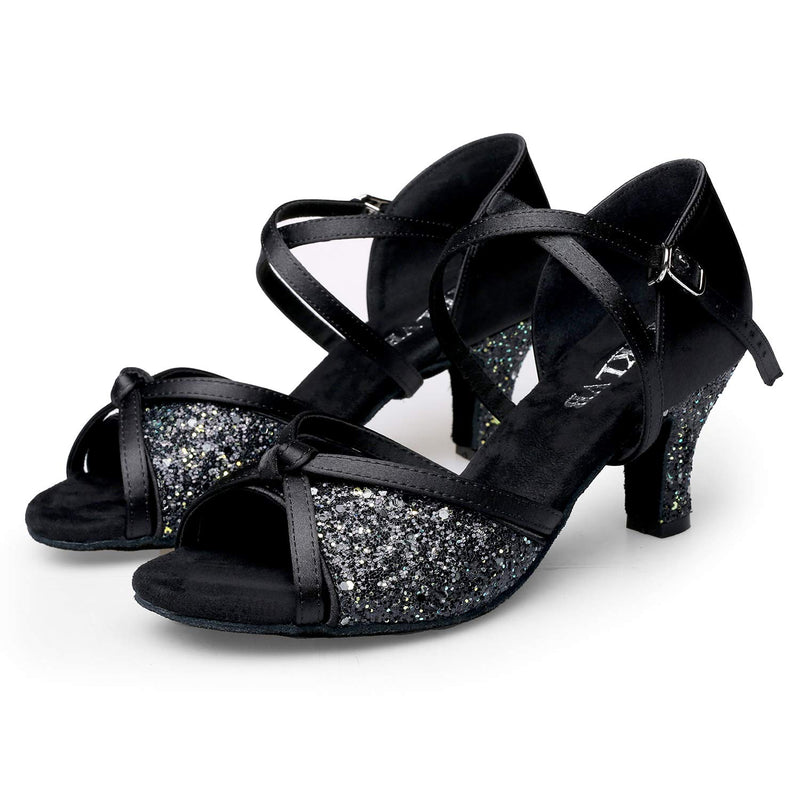 [AUSTRALIA] - EAKLVB Rhinestone Ballroom Dance Shoes Women, Latin Salsa Bachata Practice Performance Dance Shoes 9.5 Glow Black-2.36 Inch Heels 
