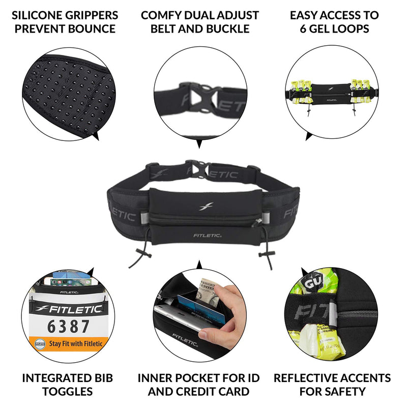 [AUSTRALIA] - Fitletic Running Belt | Patented No Bounce Pouch for Ironman, Triathlon, Marathon, Trail, 5K, 10K, Endurance, Cycling | N06 “Ultimate I” Race Belt Black 