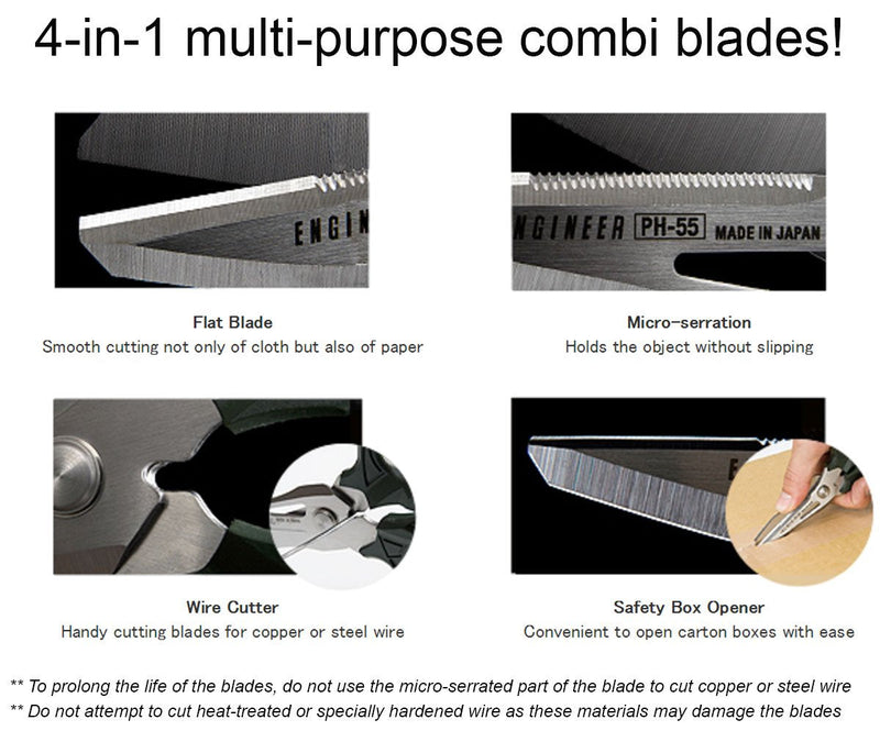 ENGINEER PH-55 Multi-Function, 160mm Compact Scissors, Electrician Scissors, with 4-in-1 Combi Blade - cuts Carpet, Leather, Solid Copper Wire, Insulated cable, CDs, Thick Rope & More. Made in Japan Single - BeesActive Australia