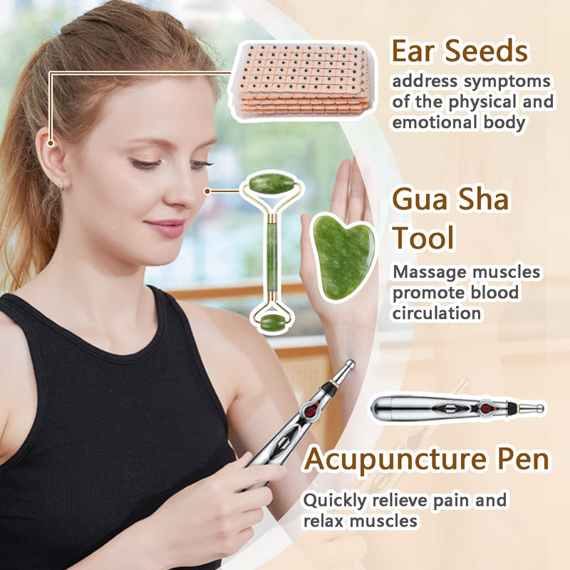 Acupuncture Super Set:5-Head Electronic Acupuncture Pen +Gua Sha Tool +600 Ear Seeds +Retractable Acupuncture Pen+4 x Extra Massaging Gel+Tweezers+Chart+Batteries (Acupuncture Set) Acupuncture Set(with Chart) - BeesActive Australia