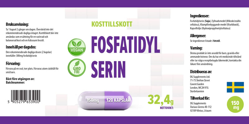 Phosphatidylserine 150mg 120 Vegan Capsules, Certificate of Analysis by AGROLAB Germany, High Strength Supplement, Gluten and GMO Free - BeesActive Australia