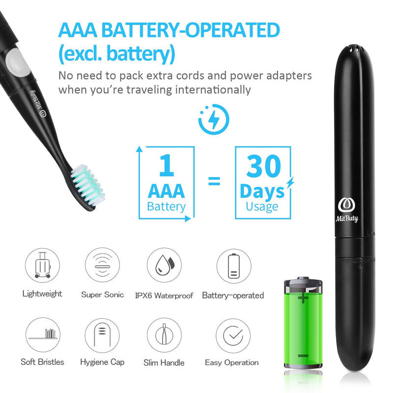 MitButy Travel Electric Toothbrush with 4 Brush Heads, Battery Operated Waterproof Portable Sonic Electric Toothbrush Set - with Snap-on Travel Case Ideal for Travelling/Business/Holiday/Gym/Office Toothbrush (Black) - BeesActive Australia