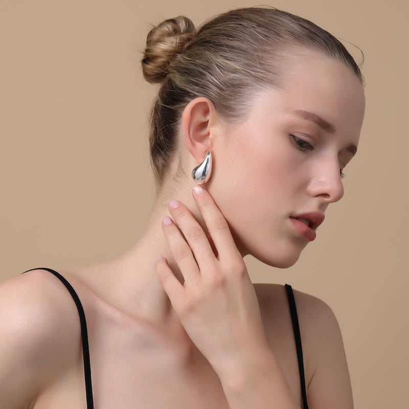 Apsvo Chunky Gold Hoop Earrings for Women, Dupes Earrings Lightweight Waterdrop Hollow Open Hoops, Hypoallergenic Gold Plated Earrings Fashion Jewelry for Women Girls silver - BeesActive Australia