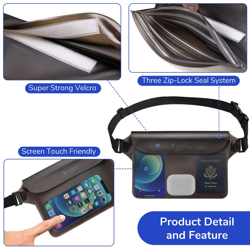 Syncwire IPX8 Waterproof Pouch Bag with Adjustable Waist Strap-Screen Touchable Dry Bag with Adjustable Belt for Phone Valuables for Beach Swimming Snorkeling Boating Fishing Kayaking, etc Black +White - BeesActive Australia
