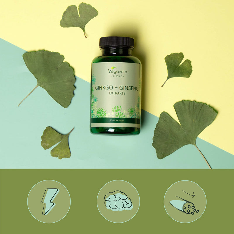 Ginkgo Biloba & Panax Ginseng Vegavero� | NO Additives | 12000 mg Ginkgo & 2000 mg Red Korean Ginseng Extracts | Vegan | 120 Capsules (4 Month Supply) - BeesActive Australia