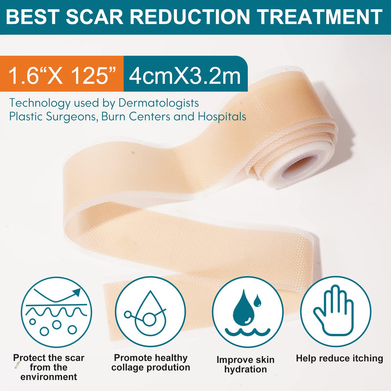 Silicone Scar Sheets (1.6” X 125”), Silicone Scar Tape Roll, Medical Grade Scar Removal Sheets for Keloid Scar Treatment, Old Scars, C-Section, Tummy Tuck, Reusable & Strong Adhesion, Waterproof One Size - BeesActive Australia