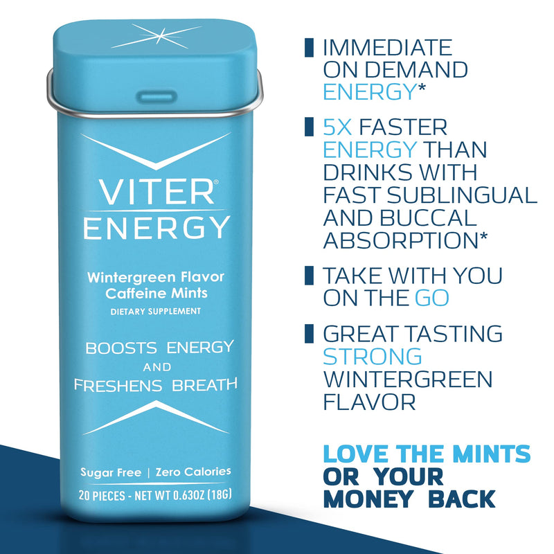 Viter Energy Caffeinated Mints 40mg Caffeine, B Vitamins, Sugar Free. (Wintergreen, 20pcs, 6 Pack) Wintergreen 20 Count (Pack of 6) - BeesActive Australia