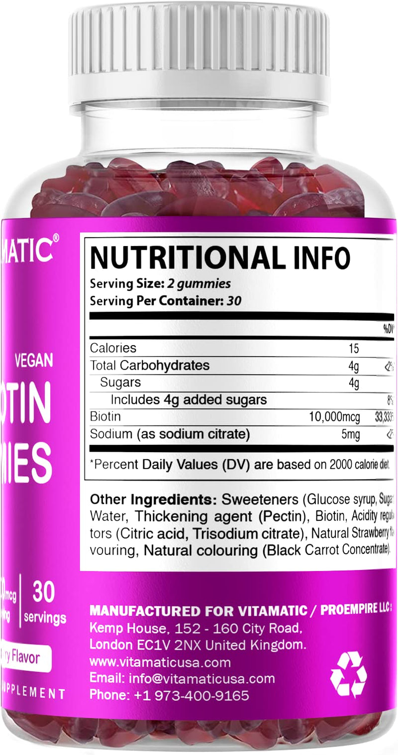 Vitamatic Biotin Gummies 10,000 mcg for Stronger Hair, Skin & Nails - 60 Vegan Gummies - Also Called Vitamin B7 - BeesActive Australia