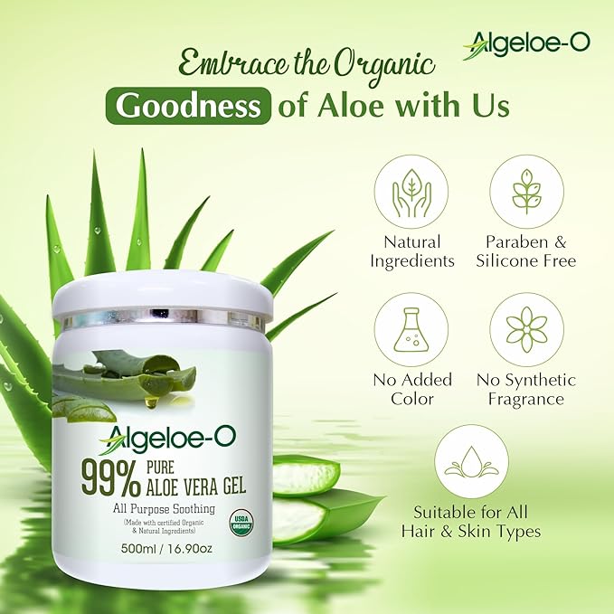 Algeloe-O Organic Aloe Vera Gel 99% Pure Natural is USDA Certified Aloe Vera Powder Paraben Uncolored and Sulfate-Free - 500ml/16.9oz - BeesActive Australia