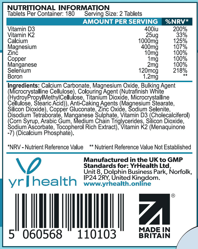 Calcium, Magnesium, Zinc and Vitamin D Plus Vitamin K2 MK-7 Tablets - Osteo Supplement - 180 Vegan Tablets not Capsules - Made in the UK by YrHealth - BeesActive Australia