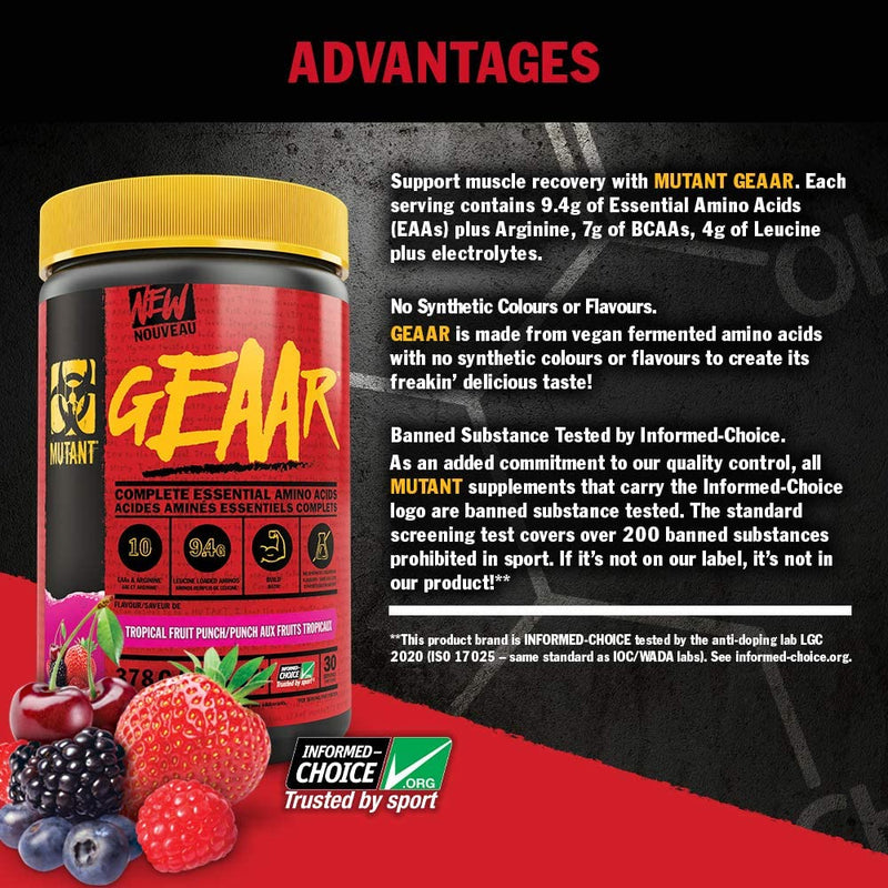 MUTANT GEAAR | 9.4g of EAA Powder + Arginine, 7g BCAAs, 4g Leucine, Electrolytes, Coconut Water, No Artificial Colours or Flavours | 30 Servings | Tropical Fruit Punch | 378g 378 g (Pack of 1) - BeesActive Australia