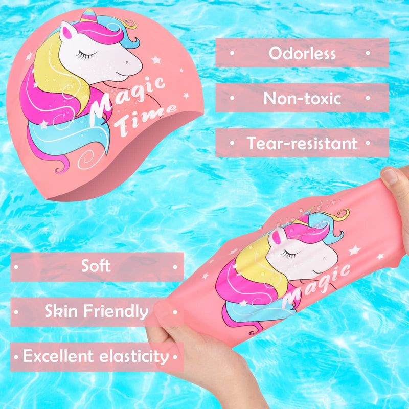 Girls Swim Caps for Kids (Age 4-8), Unicorn Waterproof Silicone Swimming Cap for Short/Long Hair with Swimming Goggles, Ear Plug and Nose Clip - BeesActive Australia