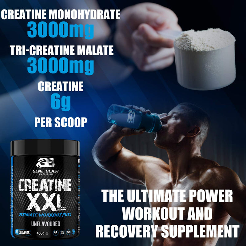 Gene Blast CREATINE XXL–Tri-Creatine Malate Plus Creatine Monohydrate w/Endurance & Pump Boosters to Amplify Strength-Muscle Pumps & Recovery 50 Servings (Unflavoured, 485G) Unflavoured 458 g (Pack of 1) - BeesActive Australia