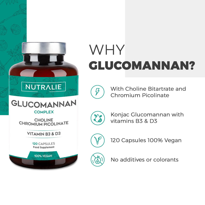 Glucomannan Weight Loss & Appetite Suppressant 100% Natural | Glucomannan Konjac with Choline Bitartrate, Chromium Picolinate and Vitamins B3 and D3 | 120 Vegetable Capsules Nutralie - BeesActive Australia