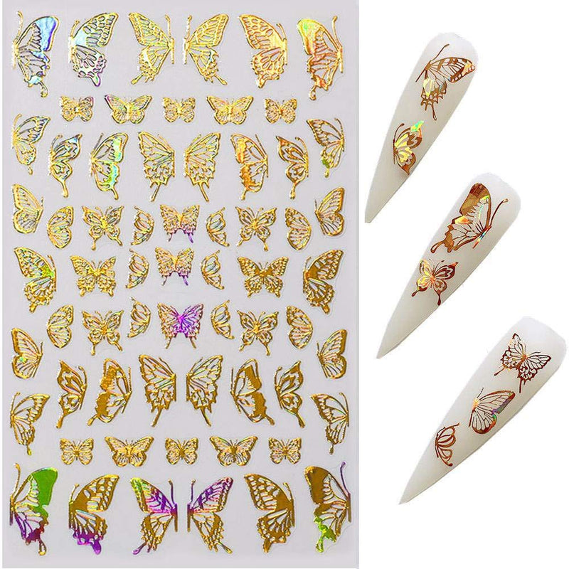 BiBiSi Butterfly Nail Art Decals Sticker Gold Nail Art Supply Adhesive Sticker 8 Sheets Butterfly Design Nail Foil 3D Luxury Laser Gold Silver Color Butterflies Sticker for Acrylic Nails Design - BeesActive Australia