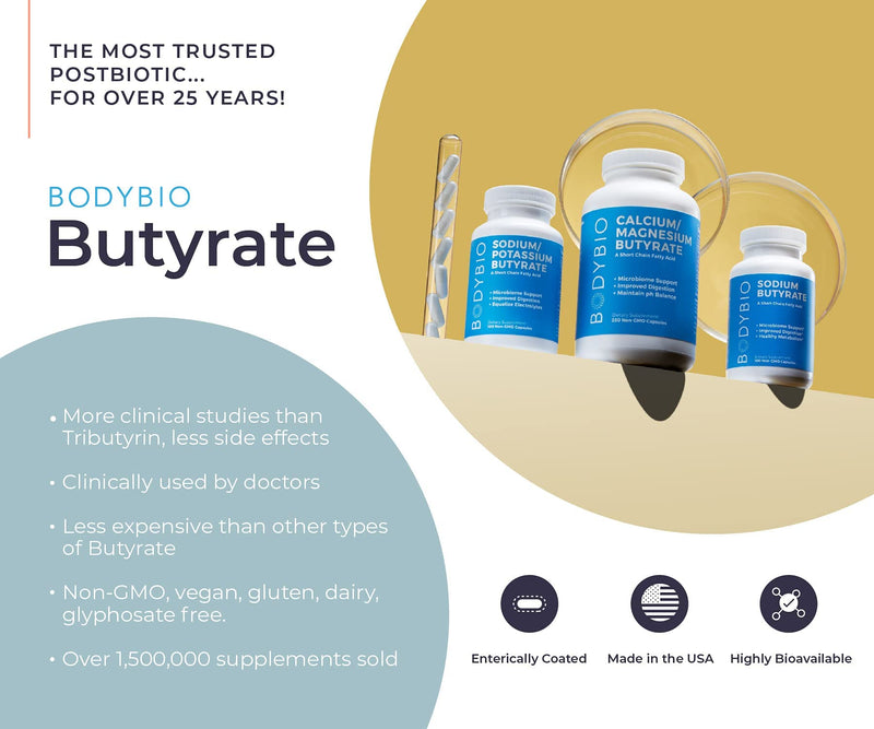 BodyBio Postbiotic - Butyrate Supplement | Butyric Acid + Calcium + Magnesium | Highly Bioavailable | No Fillers | No Additives | Vegetarian-friendly | 100 Capsules 100 Count (Pack of 1) - BeesActive Australia