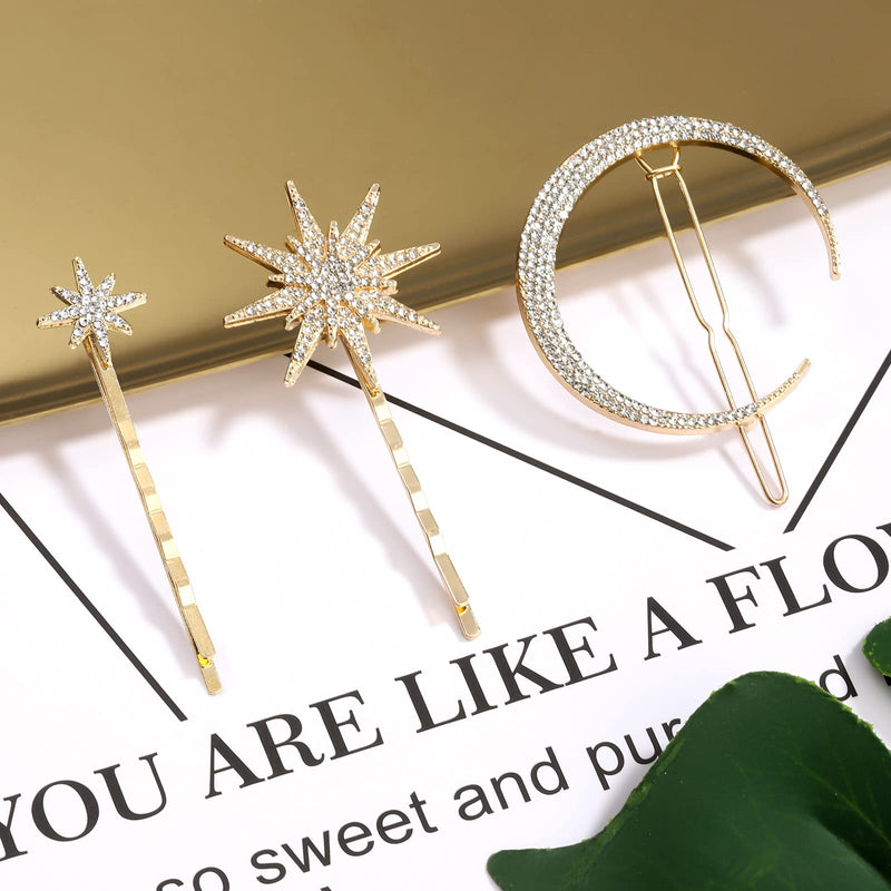 Star Moon Hair Clip Accessories Rhinestone Headdress Headwear Bobby Pins Side Clamps Grips for Women Girls Thick Thin Hair 9 Pieces - BeesActive Australia
