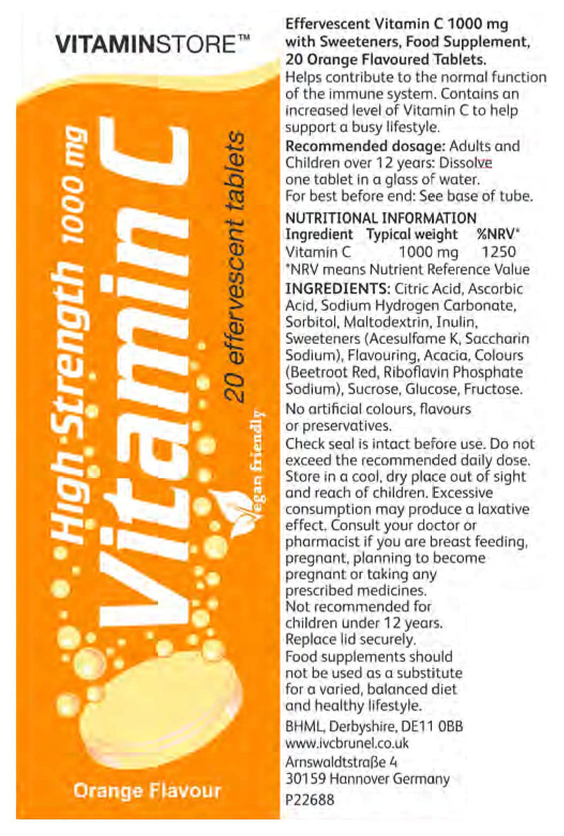 120 Vitamin C Orange 1000mg Effervescent Tablets *6 Packs of 20* HIGH Strength 20 Count (Pack of 6) - BeesActive Australia