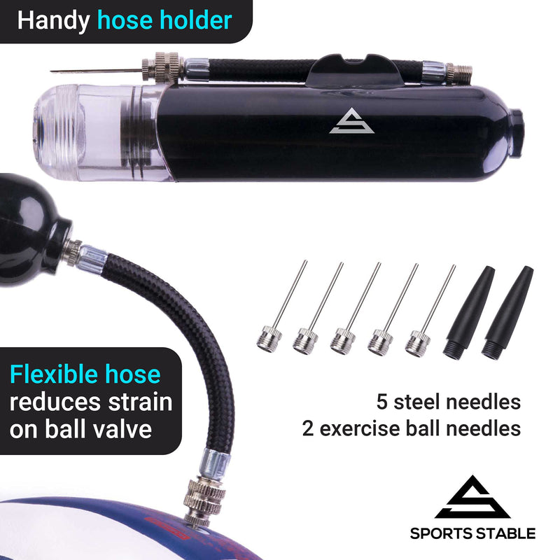 Sports Stable Dual Action Ball Pump with 5 Spare Needles and Plastic Adaptor for Your Football, Basketball, Soccerball, Pilates Ball, Volleyball, Handball, etc. black - BeesActive Australia