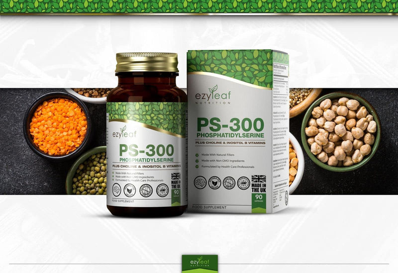 Ezyleaf Phosphatidylserine PS-300 with Choline Bitartrate & Myo-Inositol | 90 High Strength Capsules - 300mg Serving | Phosphatidyl Serine, Choline Supplement | Non-GMO & Gluten Free, UK ISO Certified - BeesActive Australia