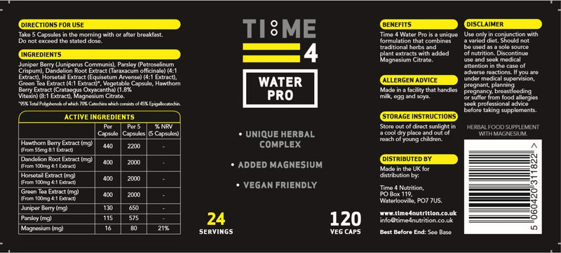 Time 4 Water Pro High Strength Water Pills, Bloating Relief and Weight Loss, Water Balance & Fluid Retention Vegan Friendly 120 Caps 7 Active Ingredients Including Dandelion Root Hawthorne & Green Tea - BeesActive Australia