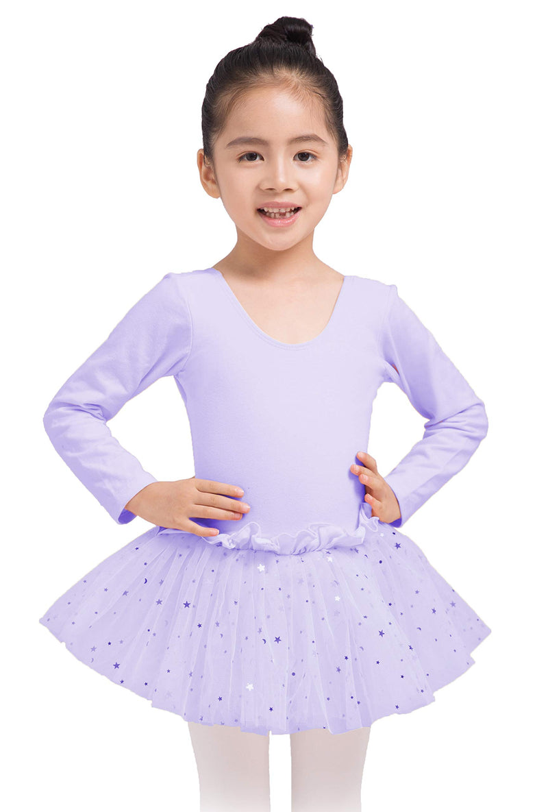 Dancina Girls Skirted Leotard Sparkle Long Sleeve Tutu Ballet Dress Front Lined 2-3T Lavender - BeesActive Australia