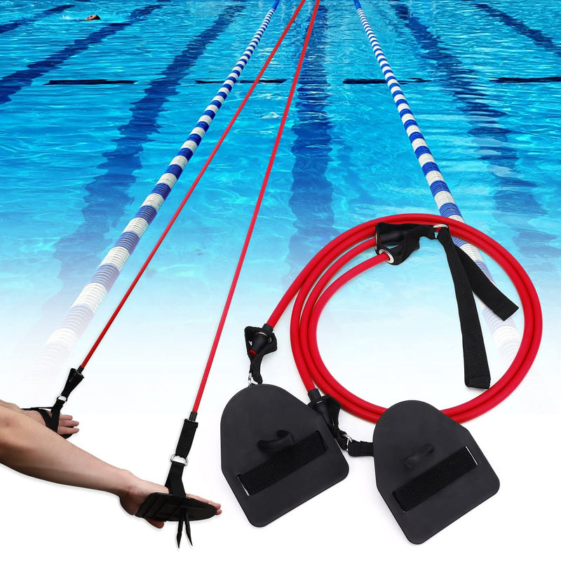 TOBWOLF Swimming Arm Strength Trainer, 1.25M / 4.1FT Swimming Resistance Bands with Swim Hand Paddles, Arm Exercises for Swimmers, Elastic Band Set for Home Gym Swimming Muscle Training Red (30Lb) - BeesActive Australia