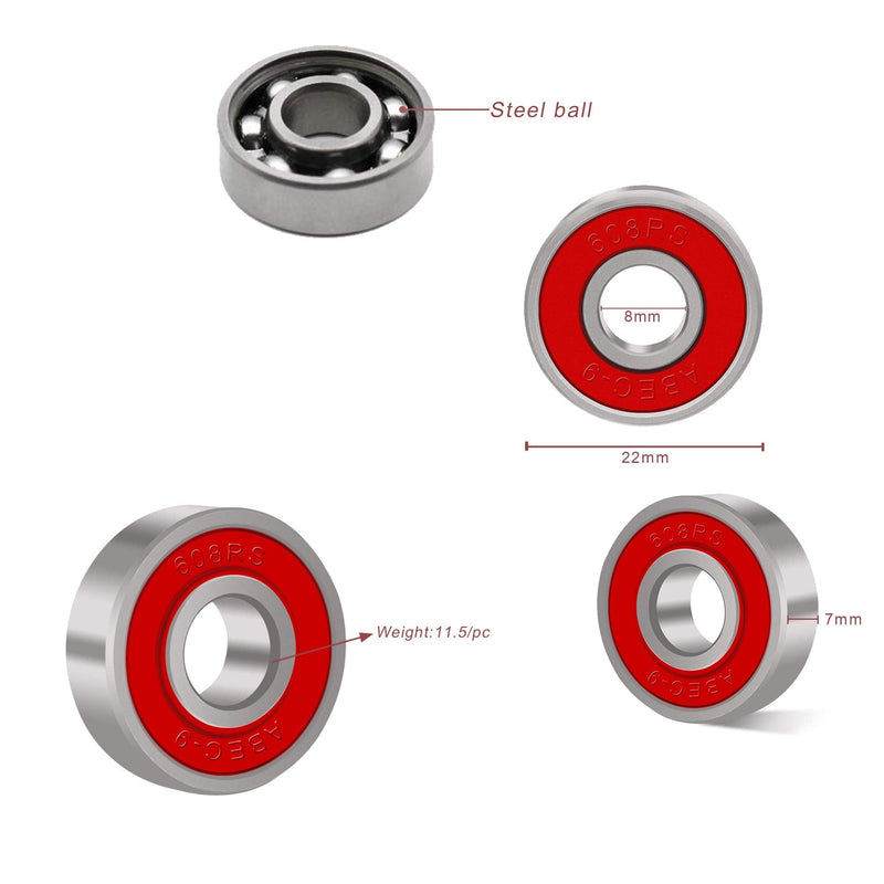 BESIY Bearings for Skateboards, Longboards, Inline Skates, Roller Skates, Spinners, Double Shielded,8x22x7 Miniature Ball Bearings, 608, ABEC-9(Pack of 8) - BeesActive Australia