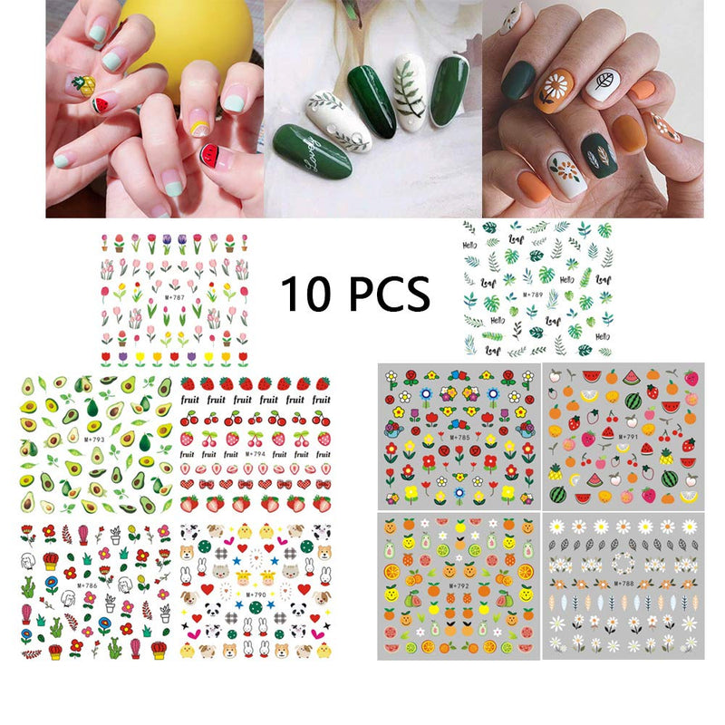 Nail Art Decals for Women 10 Sheets Watermark Transfer Nail Stickers Fruits Leaves Animals Flowers Fingernail Beauty Decorations Manicure Kits DIY Nail Art or Nail Salon - BeesActive Australia