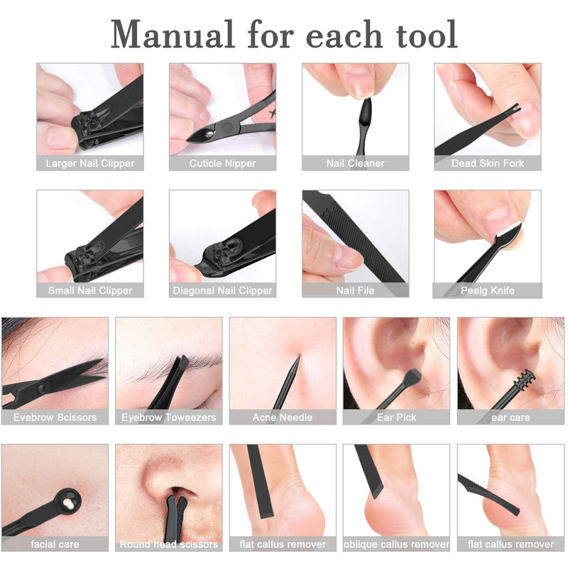 iBazal Nail Clippers Sets High Stainless Steel Nail Cutter Pedicure Kit Nail File Sharp Nail Scissors and Clipper Manicure Pedicure Kit Fingernails Toenails with Portable case-Black (18PCS) Black-18in1 - BeesActive Australia