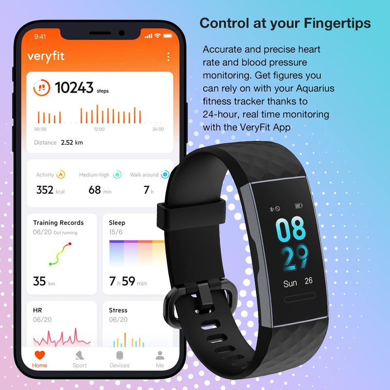 Aquarius IP67 Waterproof Bluetooth Fitness Tracker with Heart Rate Monitor and Step Counter - Black - BeesActive Australia