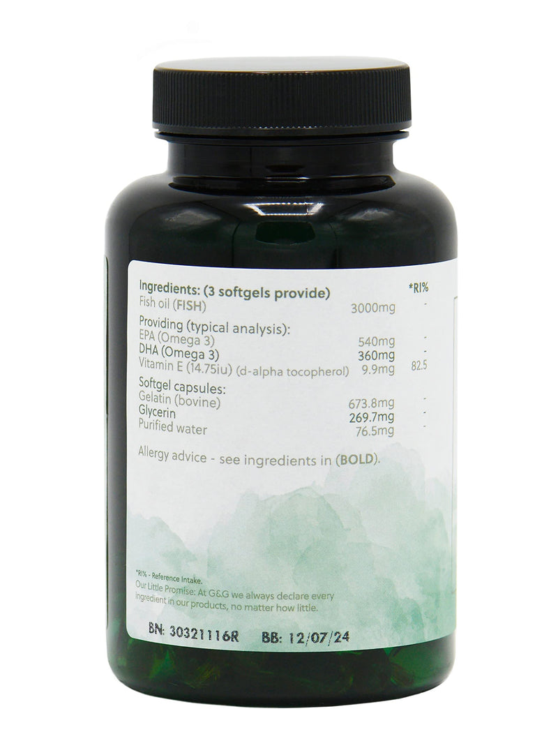 Omega 3 Fish Oil | 3000mg of Fish Oil per 3 Softgel Dose | 90 Softgels | Source of EPA and DHA Omega 3 | G&G Vitamins - BeesActive Australia