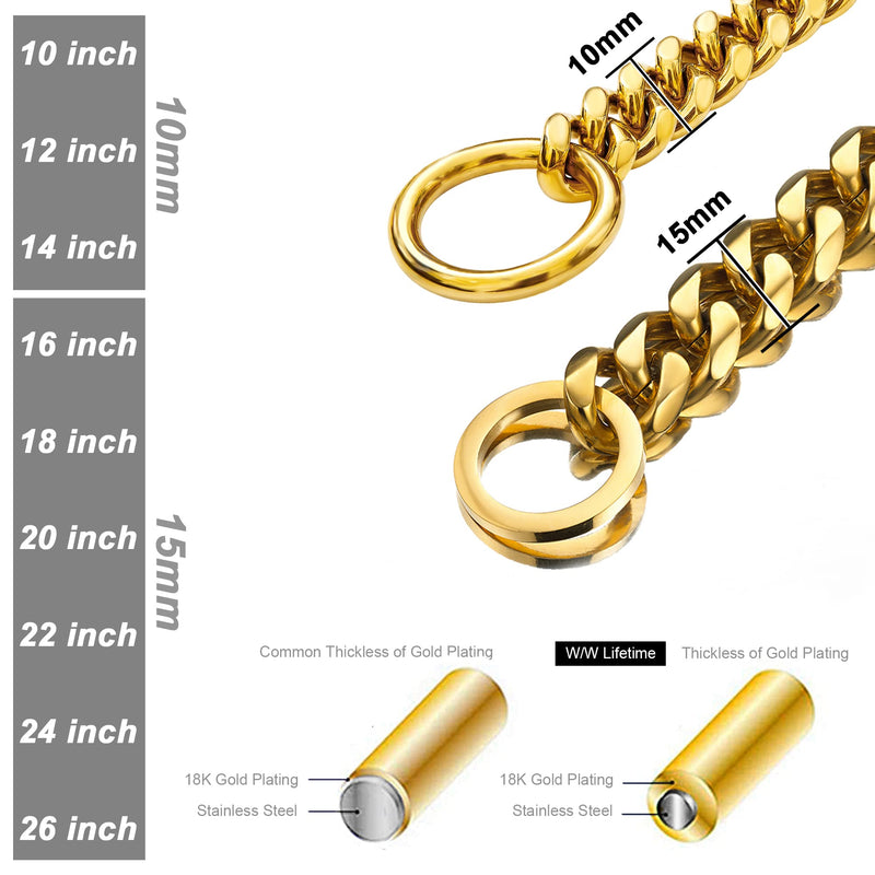 Loveshine Chain Dog Collar 18K Gold Cuban Link Dog Chain 15MM Thick Chain Collar Metal Stainless Steel Heavy Duty Slip Dog Collars for Small, Medium, and Large Dogs(16in to 26in) 12"（Can Over Head of 8" to 11") - BeesActive Australia