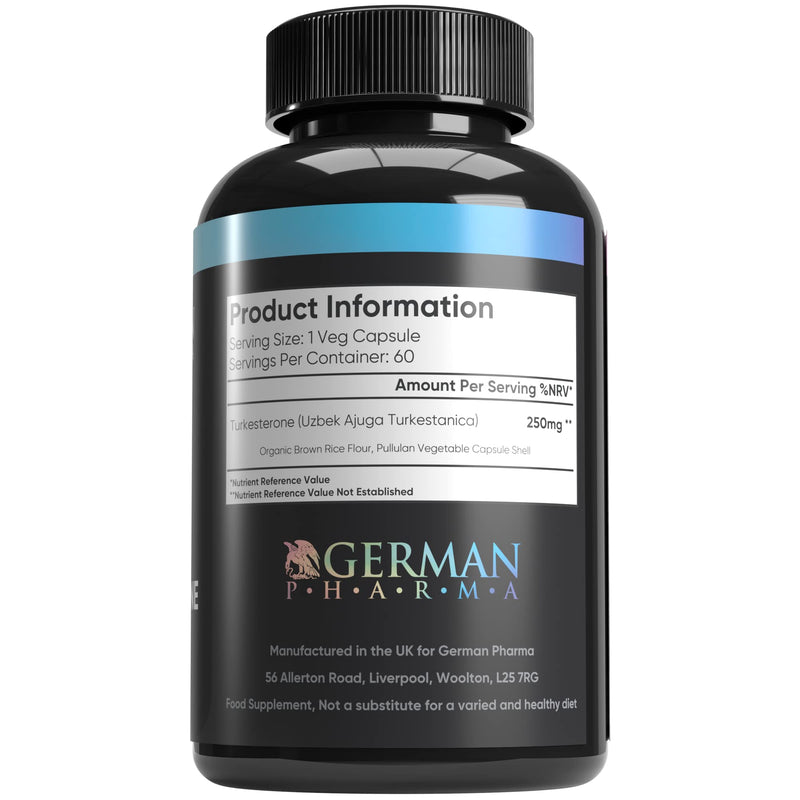 German Pharma Turkesterone | Ajuga Turkestanica 250mg Dose | 60 Vegetable Capsules, 2 Per Day | Increase Strength + Build Lean Muscle | 100% Vegan | - BeesActive Australia
