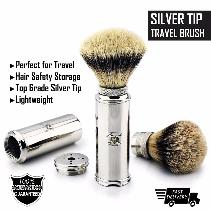 Haryali London Travel Shaving Brush with Nickel Plated Handle Christmas Gift (Silver Tip Badger Hair) Silver Tip Badger Hair - BeesActive Australia