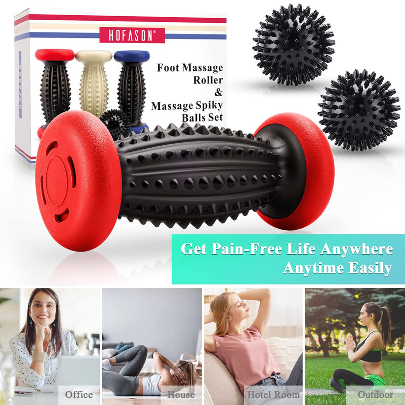 HOFASON Foot Roller Massage Ball for Plantar Fasciitis Relief, Foot Arch Pain, Myofascial Pain and Body Muscle Pain, Foot Massager Reflexology Tool, 1 Foot Massage Roller & 2 Spiky Balls (Black Red) Black Red - BeesActive Australia