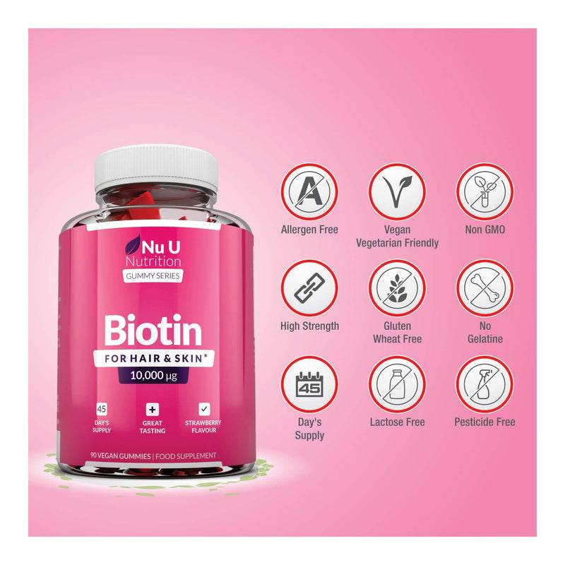 Biotin Hair Gummies 10,000mcg - 90 Vegan Gummies - 45 Day Supply - Strawberry Flavour - Supports Normal Skin & Hair Growth - Chewable Hair Vitamins - BeesActive Australia