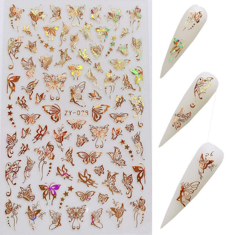 YESORNO 8 Sheets Gold Nail Art Stickers Metallic Butterfly Nail Stickers Manicure Adhesive DIY Nail Decals Laser Silver Nail Sticker A-1 - BeesActive Australia