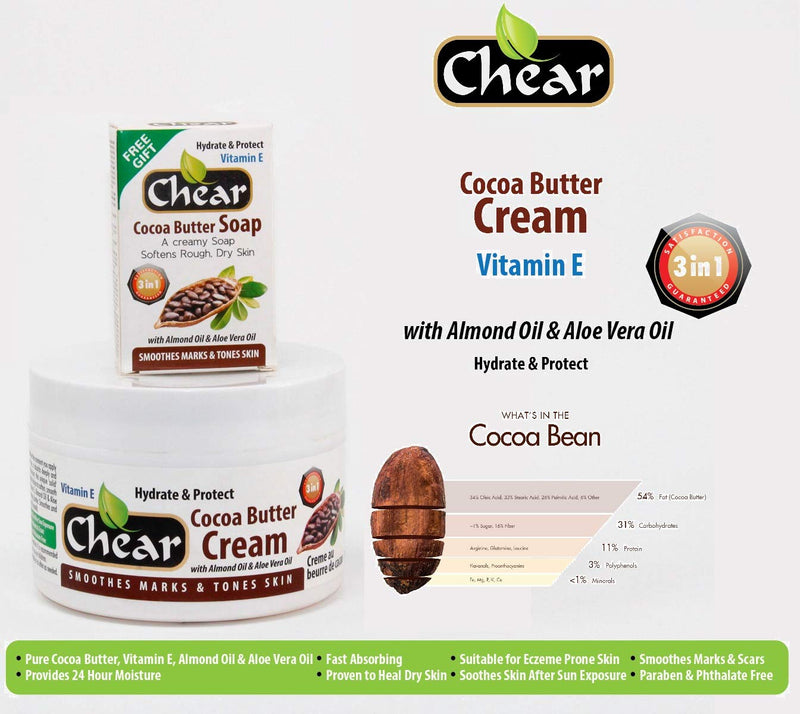 Chear Cocoa Butter 3in1 Cream 500ml with 80g Cocoabutter Soap - Solid Formula - Smoothes marks & tones skin - BeesActive Australia