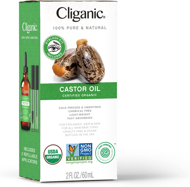 Cliganic Organic Castor Oil, 100% Pure (2oz with Eyelash Kit) - For Eyelashes, Eyebrows, Hair & Skin - BeesActive Australia