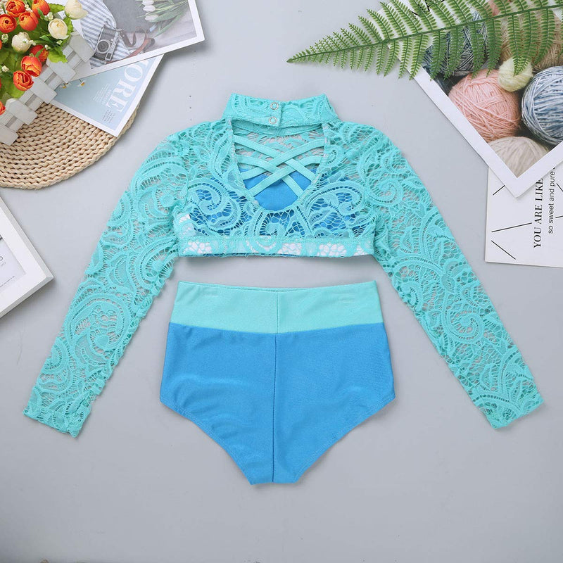 [AUSTRALIA] - ranrann Kids Girls Long Sleeves Lace Ballet Dance Outfit Criss Cross Back Mock Neck Tops with Bottoms Set Mint_green&light_blu 7-8 