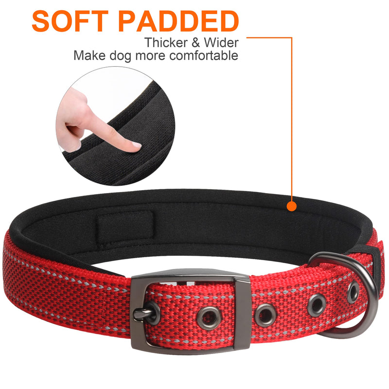 Fida Heavy Duty Dog Collar, Ultra Comfortable Soft Neoprene Padded, Adjustable Reflective Nylon Pet Collar with Durable Metal Belt Buckle for Small/Medium/Large/X-Large Breeds Medium(14.5"-19") Red - BeesActive Australia