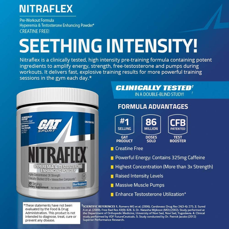 GAT Sport Nitraflex Advanced Pre-Workout Powder, Increases Blood Flow, Boosts Strength and Energy, Improves Exercise Performance, Creatine-Free (Blue Raspberry, 30 Servings) Blue Raspberry 30 Servings (Pack of 1) Standard Packaging - BeesActive Australia