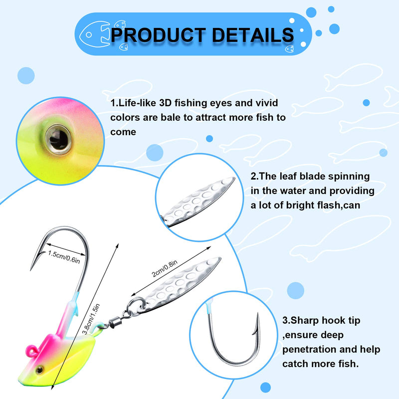 16 Pieces Fishing Jig Hooks Jig Heads with Willow Blade Swimbait Jig Heads Underspin Jig Heads Spinner for Bait Lure Freshwater Fishing Saltwater Fishing, 7 g，1/4oz - BeesActive Australia